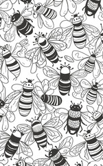 Seamless pattern with bees. Black and white vector illustration.