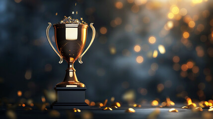 Golden Trophy Cup with Sparkling Stars on Bokeh Background. Copy space. Generative AI - obrazy, fototapety, plakaty