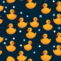 Seamless pattern with yellow rubber duck on dark blue background.