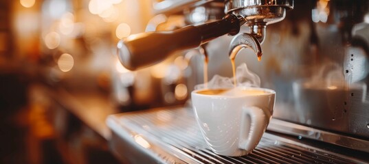 Portafilter espresso extraction into cup in bright white background, coffee machine process