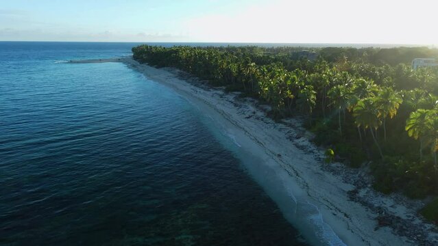 Ocean beach with coconut palms and sunrise sunshine. Aerial view of tropical coastline on Fuvahmulah island
