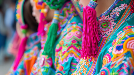 colorful traditional attire and intricate embroidery of Hmong women during a festive celebration.