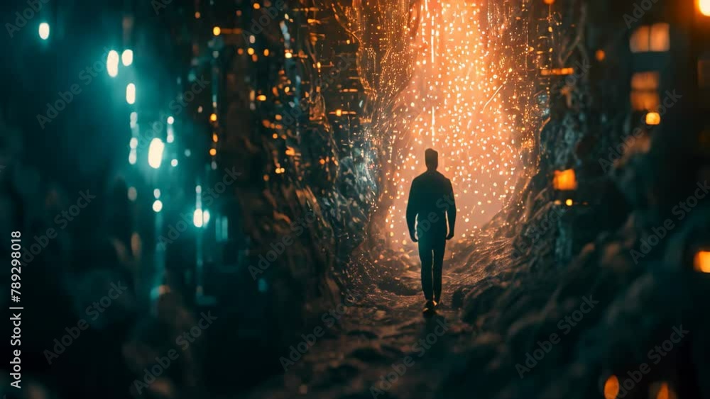 Poster a man is seen walking through a dimly lit tunnel, surrounded by darkness, person mining cryptocurren