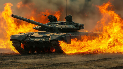Tank in Active Battle with Explosive Fire in the Background. Generative AI	