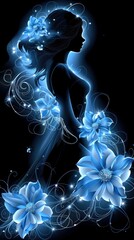 Beautiful abstract woman silhouette with blue flowers and shines around