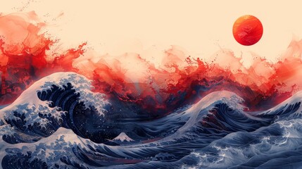 Oriental style background modern design with ocean wave and sun. Line art wallpaper design with traditional Japanese wave for home décor and wall arts. - obrazy, fototapety, plakaty