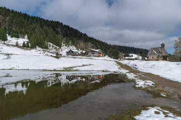 panorama with alpine wooden farmhouse named 