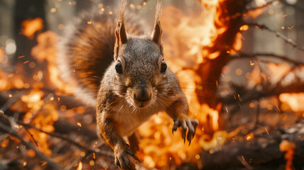 Squirrel saves itself by running away from a burning forest - obrazy, fototapety, plakaty