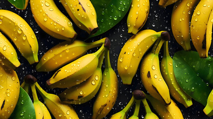 Bunch of ripe bananas with water drops on black background. Top view.