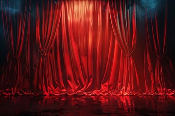 The stage curtain is illuminated by a spotlight. Realistic theater red dramatic curtains, spotlight on stage, classic theater drapery. generative ai