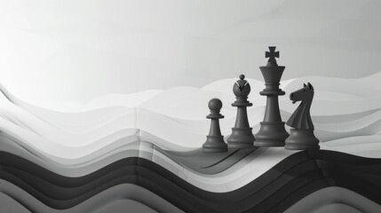 Chess pieces on a wave-patterned black and white board - Powered by Adobe
