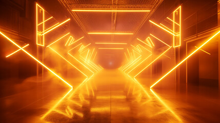 Futuristic Corridor Illuminated by Neon Lights with a Misty Atmosphere. Generative AI				
