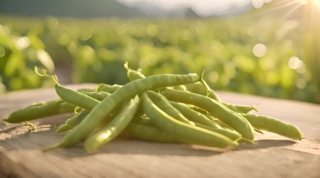Close-Up Cinematic Fresh Green Beans with Morning Farm
