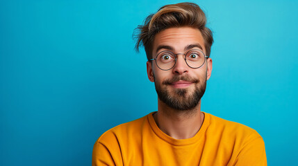 Naklejka premium cheerful young man with glasses over blue background. Copy space. Generative AI 