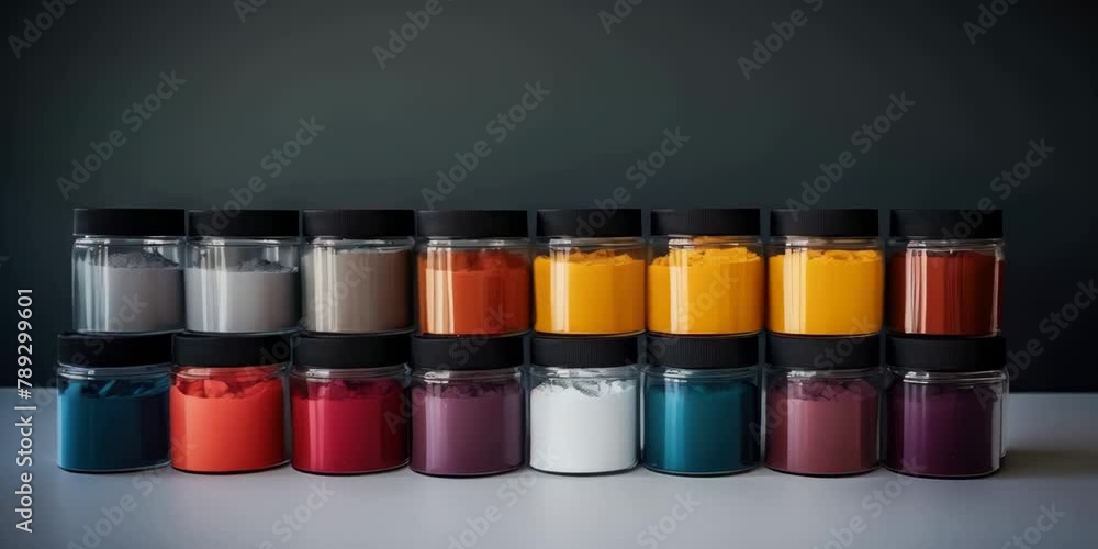 Aufkleber a row of jars with different colored powders in them