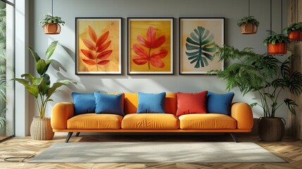 Naklejka premium Modern midcentury triptych wall art modern. Abstract art background with floral and organic shapes hand painted by hand in watercolors.