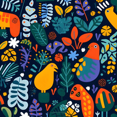 Seamless pattern with birds, plants and flowers. Vector illustration.