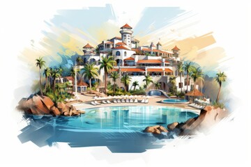 Fototapeta premium Drawing of a Resort With a Pool and Palm Trees