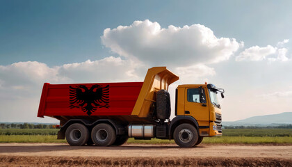 Fototapeta premium A truck adorned with the Albania flag parked at a quarry, symbolizing American construction. Capturing the essence of building and development in the Albania