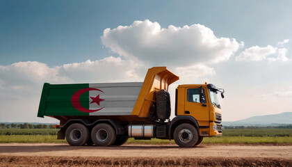 Fototapeta premium A truck adorned with the Algeria flag parked at a quarry, symbolizing American construction. Capturing the essence of building and development in the Algeria