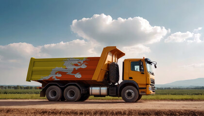 A truck adorned with the Bhutan flag parked at a quarry, symbolizing American construction. Capturing the essence of building and development in the Bhutan
