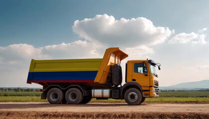 A truck adorned with the Colombia flag parked at a quarry, symbolizing American construction. Capturing the essence of building and development in the Colombia