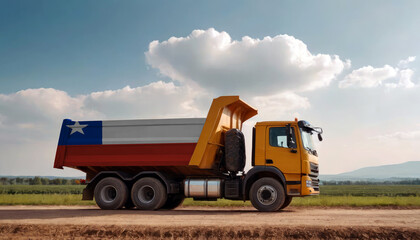 A truck adorned with the Chile flag parked at a quarry, symbolizing American construction. Capturing the essence of building and development in the Chile