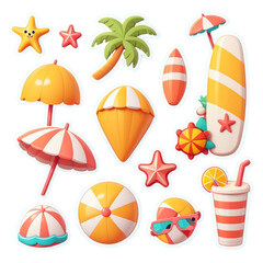 Set of cute vector summer stickers on Isolated transparent background png. generated with AI