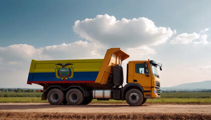 A truck adorned with the Ecuador flag parked at a quarry, symbolizing American construction. Capturing the essence of building and development in the Ecuador