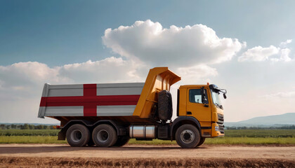 Fototapeta premium A truck adorned with the England flag parked at a quarry, symbolizing American construction. Capturing the essence of building and development in the England