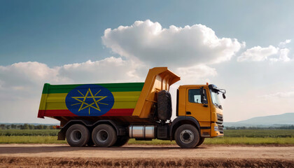 Fototapeta premium A truck adorned with the Ethiopia flag parked at a quarry, symbolizing American construction. Capturing the essence of building and development in the Ethiopia