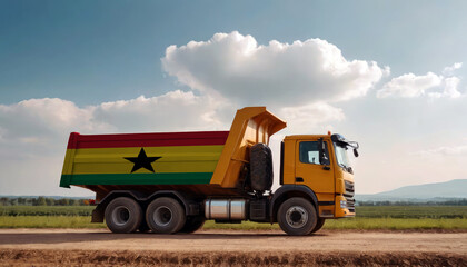 Obraz premium A truck adorned with the Ghana flag parked at a quarry, symbolizing American construction. Capturing the essence of building and development in the Ghana