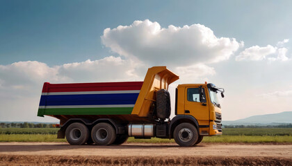 Obraz premium A truck adorned with the Gambia flag parked at a quarry, symbolizing American construction. Capturing the essence of building and development in the Gambia