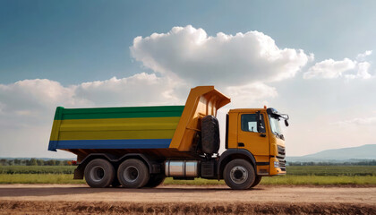 Obraz premium A truck adorned with the Gabon flag parked at a quarry, symbolizing American construction. Capturing the essence of building and development in the Gabon