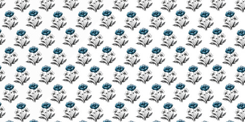 Fototapeta na wymiar Seamless Pattern with Flowers Blue White Hand-Drawn Floral Pattern with Light Background