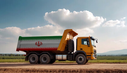 Fototapeta premium A truck adorned with the Iran flag parked at a quarry, symbolizing American construction. Capturing the essence of building and development in the Iran