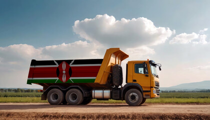 Fototapeta premium A truck adorned with the Kenya flag parked at a quarry, symbolizing American construction. Capturing the essence of building and development in the Kenya
