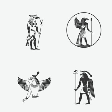Egyptian god Horus logo icon design template. collection of images of the sacred Egyptian Falcon bird. Animal and human. elegant luxury gold flat vector
