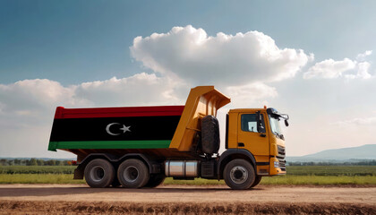 Obraz premium A truck adorned with the Libya flag parked at a quarry, symbolizing American construction. Capturing the essence of building and development in the Libya