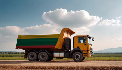A truck adorned with the Lithuania flag parked at a quarry, symbolizing American construction. Capturing the essence of building and development in the Lithuania