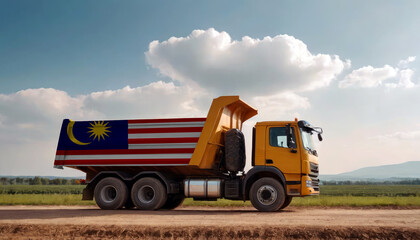 Obraz premium A truck adorned with the Malaysia flag parked at a quarry, symbolizing American construction. Capturing the essence of building and development in the Malaysia