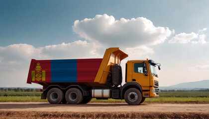 Obraz premium A truck adorned with the Mongolia flag parked at a quarry, symbolizing American construction. Capturing the essence of building and development in the Mongolia