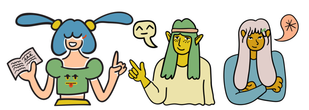 set collection female girls women character portrait in doodle style in vector. template for avatar design sticker coloring postcard poster print