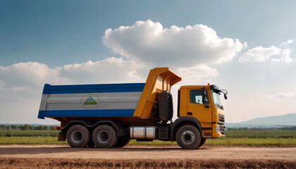 Obraz premium A truck adorned with the Nicaragua flag parked at a quarry, symbolizing American construction. Capturing the essence of building and development in the Nicaragua