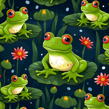 Seamless pattern with frogs on the pond. Vector illustration.