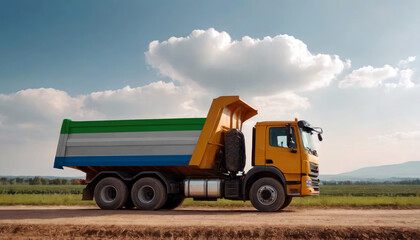 Obraz premium A truck adorned with the Sierra Leone flag parked at a quarry, symbolizing American construction. Capturing the essence of building and development in the Sierra Leone