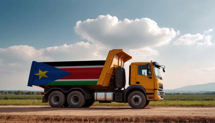 A truck adorned with the South Sudan flag parked at a quarry, symbolizing American construction. Capturing the essence of building and development in the South Sudan