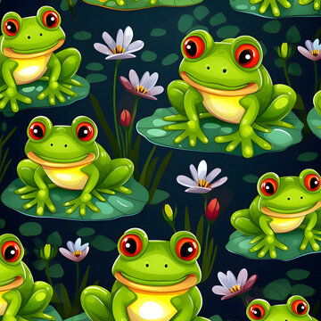 Seamless pattern with frogs and water lilies on dark background