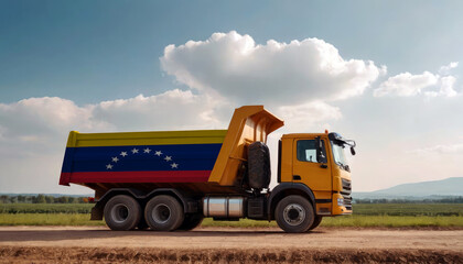 A truck adorned with the Venezuela flag parked at a quarry, symbolizing American construction. Capturing the essence of building and development in the Venezuela