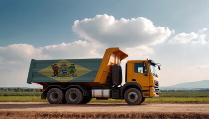 A truck adorned with the Delaware flag parked at a quarry, symbolizing American construction. Capturing the essence of building and development in the Delaware